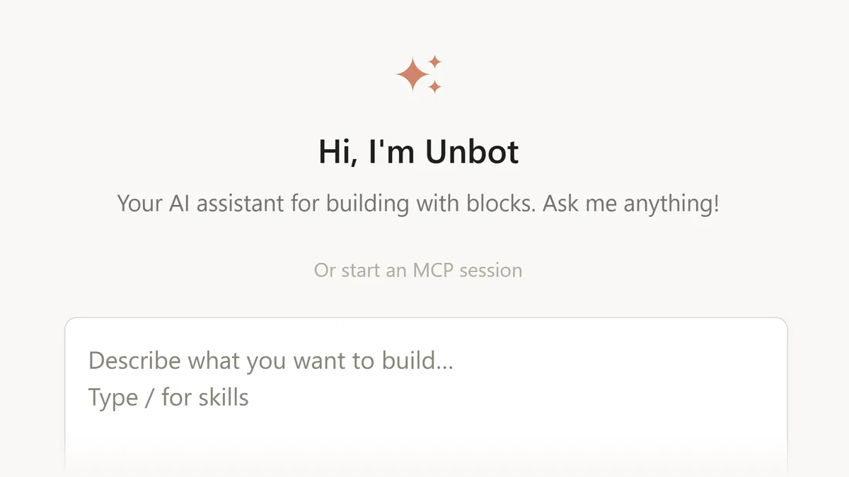 Unblock AI assistant Unbot with chat interface and skill commands