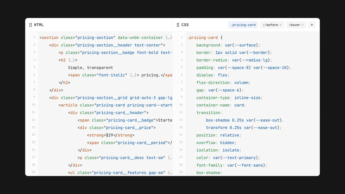 Unblock HTML and CSS inspector with syntax highlighting and live selector editing