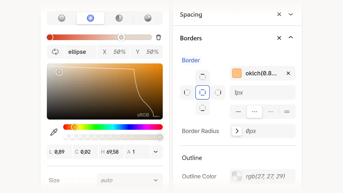 Unblock visual CSS panel showing background gradients, color picker, borders and spacing controls