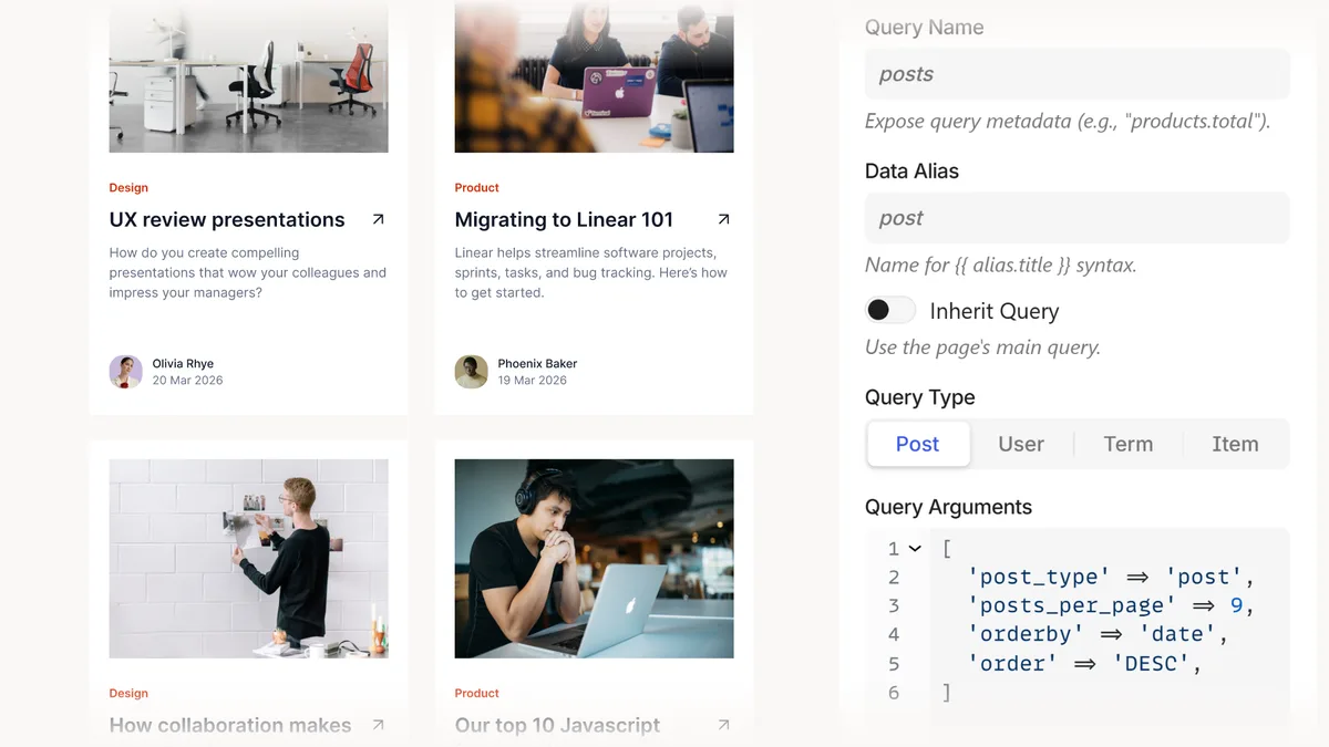 Loop Block query configuration with blog post grid layout