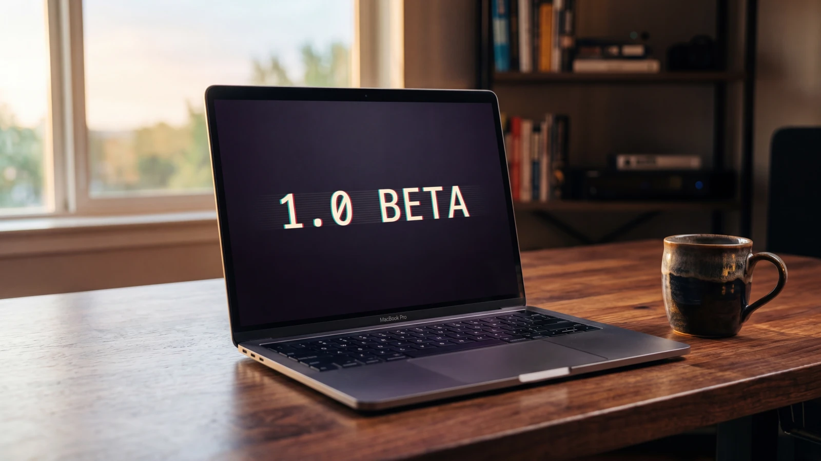 A laptop on a wooden desk in morning light, screen displaying "1.0 BETA" in glitched text, open window in the background.