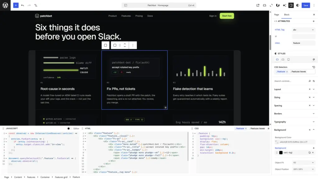 Anatomy of the Unblock editor: a block selected on the canvas, its attributes and CSS in the inspector, the matching markup in the code editor below.