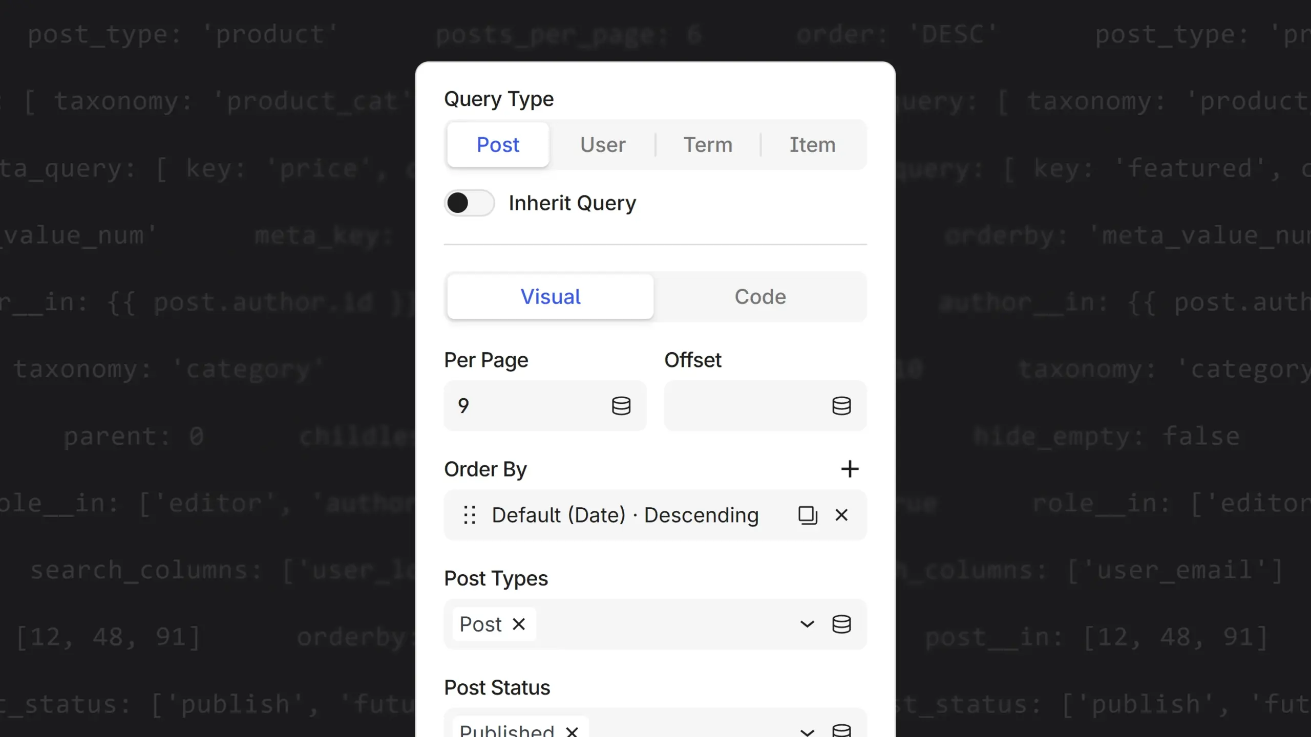 Unblock Query Builder building a post query visually, no code required