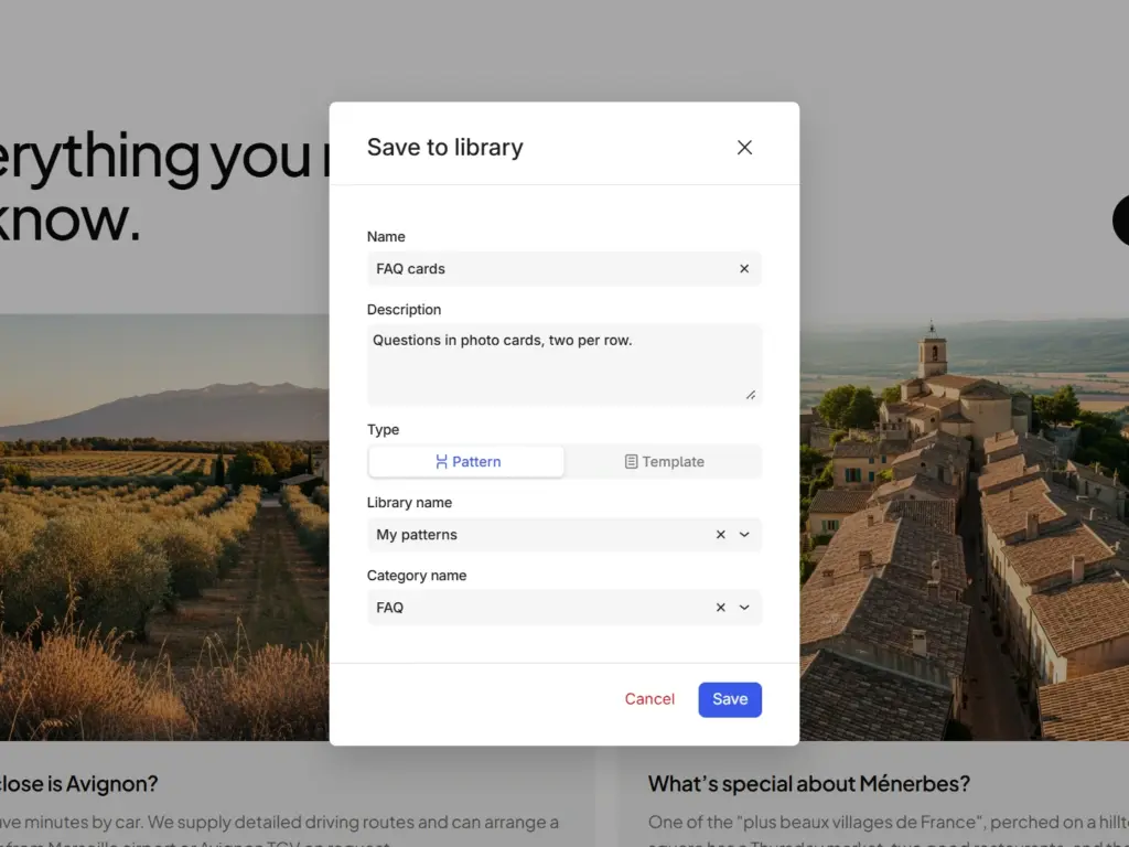 The Save to l  dialog, with fields for the name, description, type, library and category.
